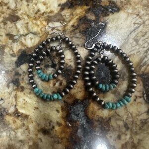 Silver and Turquoise Beaded Hoop Earrings